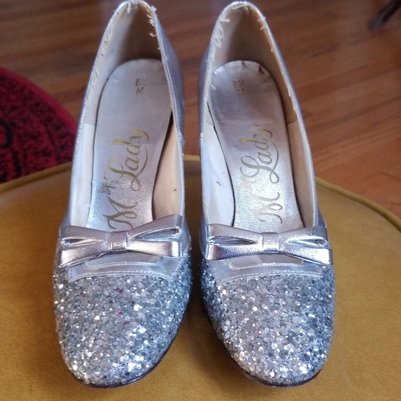 Vintage Shoes - VTG M'Lady Silver Sequined Dorothy Heels